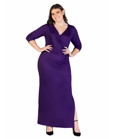 24seven Comfort Apparel Fitted V-neck Side Slit Maxi Dress In Purple