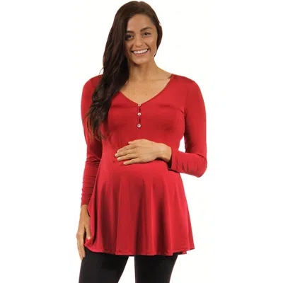 24seven Comfort Apparel Flared Long Sleeve Henley Maternity Top In Burgundy