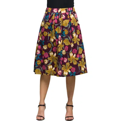 24seven Comfort Apparel Plus Size Purple Floral Elastic Waist Pocket Midi Skirt In Multi