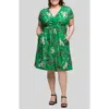 24seven Comfort Apparel Plus Size Cap Sleeve V-neck Knee Length Pocket Dress In Green Multi