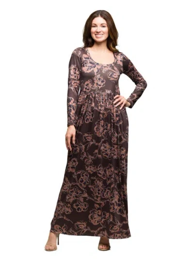 24seven Comfort Apparel Floral Long Sleeve Scoop Neck Maxi Dress In Brown