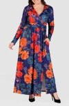 24seven Comfort Apparel Women's Navy Floral Print Long Sleeve Side Slit Maxi Dress In Orange Multi