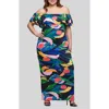 24seven Comfort Apparel Plus Size Off Shoulder Print Side Slit Maxi Dress In Green Multi