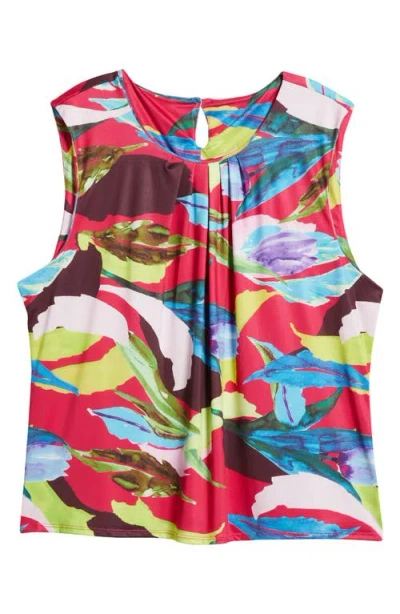 24seven Comfort Apparel Floral Pleated Sleeveless Jersey Shell In Pink Multi