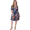 24seven Comfort Apparel Floral Print Elbow Sleeve Knee Length Dress In Multi