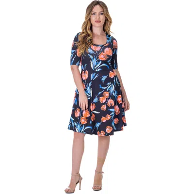 24seven Comfort Apparel Floral Print Elbow Sleeve Knee Length Dress In Multi