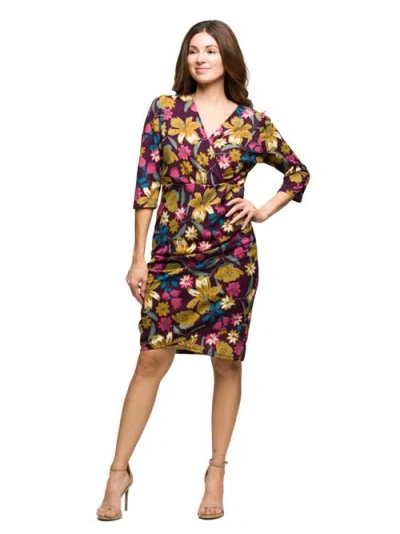 24seven Comfort Apparel Floral Print Faux Wrap Dress In Multi