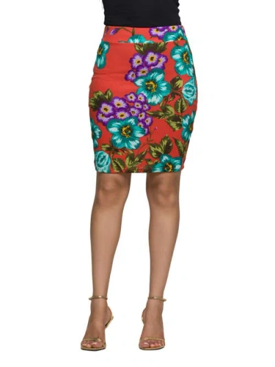 24seven Comfort Apparel Plus Size Orange Floral Print Knee Length Pencil Skirt In Multi