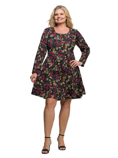 24seven Comfort Apparel Floral Print Long Sleeve Fit And Flare Mini Dress In Multi