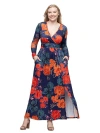 24seven Comfort Apparel Womens Plus Long Sleeve Floral Maxi Dress In Blue