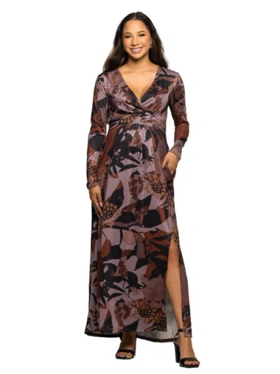 24seven Comfort Apparel Floral Print Long Sleeve Wrap Maxi Dress In Brown