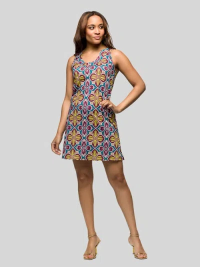 24seven Comfort Apparel Floral Print Sleeveless Knee Length Shift Dress In Blue