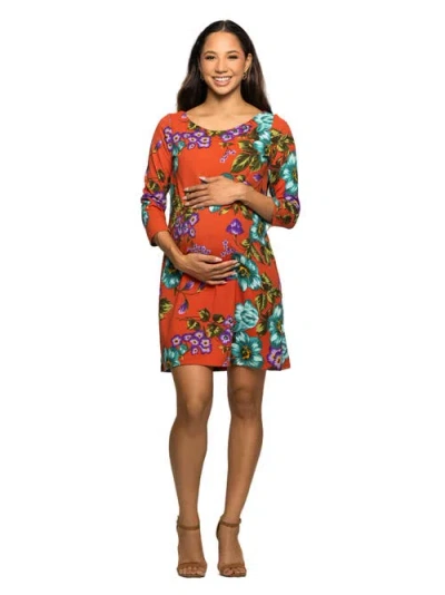 24seven Comfort Apparel Floral Print Three Quarter Sleeve A-line Knee Length Dress In Multi