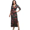 24seven Comfort Apparel Floral Print Three Quarter Sleeve Side Slit Maxi Dress In Green