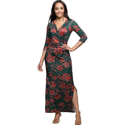 24SEVEN COMFORT APPAREL 24SEVEN COMFORT APPAREL FLORAL PRINT THREE QUARTER SLEEVE SIDE SLIT MAXI DRESS