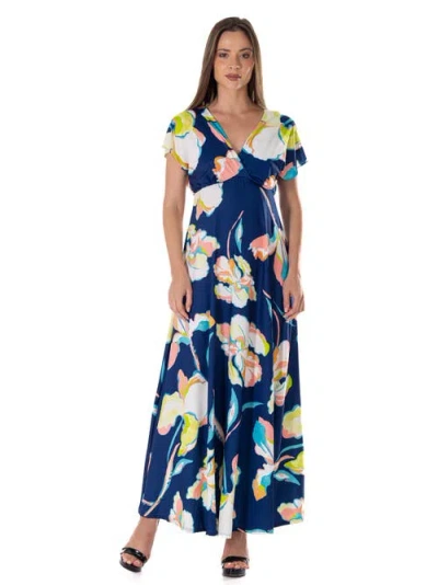 24seven Comfort Apparel Floral Print V-neck Empire Waist Kimono Cap Sleeve Maxi Dress In Multi