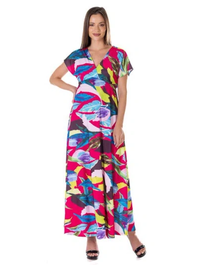 24seven Comfort Apparel Floral Print V-neck Empire Waist Kimono Cap Sleeve Maxi Dress In Multi