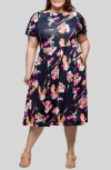 24seven Comfort Apparel Plus Size Short Sleeve Pleated Flare Midi Pocket Dress In Navy Multi