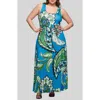 24seven Comfort Apparel Plus Size Print Scoop Neck A-line Sleeveless Maxi Dress In Blue Multi