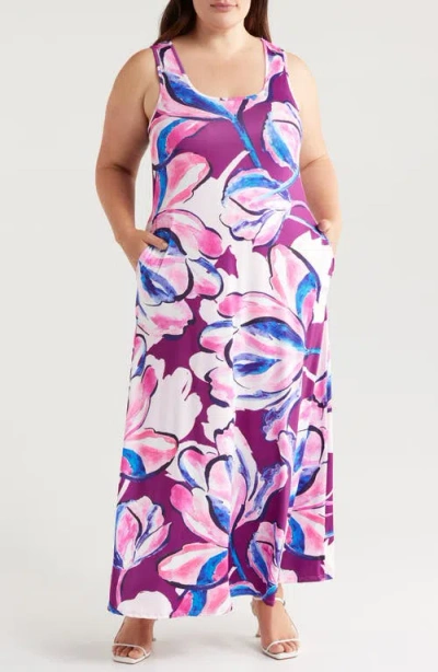 24seven Comfort Apparel Floral Square Neck Maxi Dress In Magenta Multi