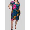 24seven Comfort Apparel Plus Size Knee Length Short Sleeve Faux Wrap Dress In Green Multi