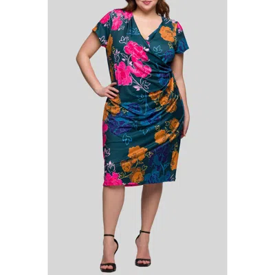24SEVEN COMFORT APPAREL 24SEVEN COMFORT APPAREL FLORAL WRAP FRONT KNIT DRESS