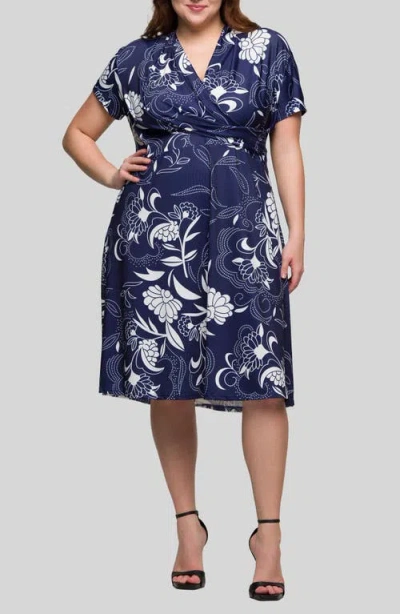 24SEVEN COMFORT APPAREL 24SEVEN COMFORT APPAREL FLORAL WRAP FRONT KNIT MIDI DRESS