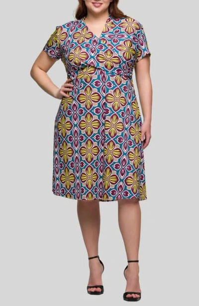 24SEVEN COMFORT APPAREL 24SEVEN COMFORT APPAREL FLORAL WRAP FRONT KNIT MIDI DRESS