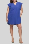 24seven Comfort Apparel Plus Size V-neck Cap Sleeve Knee Length Pocket Dress In Blue