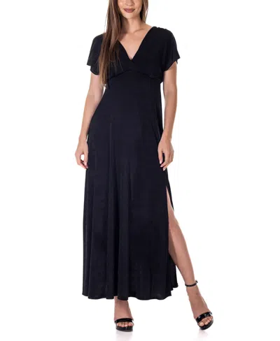 24seven Comfort Apparel Flutter Sleeve Metallic Knit Maxi Dress In Black