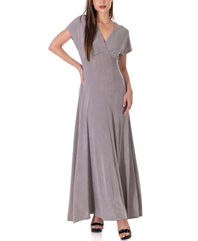 24seven Comfort Apparel Flutter Sleeve Metallic Knit Maxi Dress In Grey