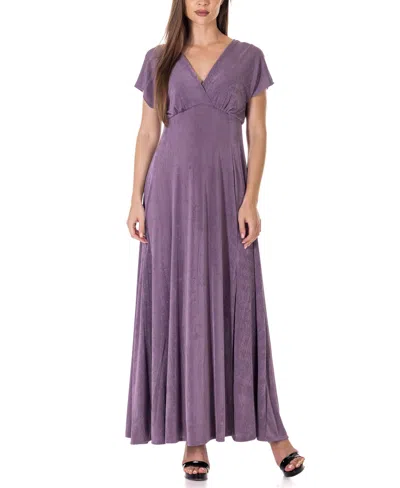 24seven Comfort Apparel Flutter Sleeve Metallic Knit Maxi Dress In Light Purp