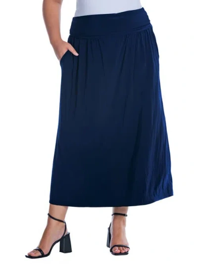 24seven Comfort Apparel Plus Size Foldover Waist A Line Pocket Maxi Skirt In Blue