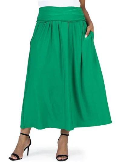 24seven Comfort Apparel Plus Size Foldover Maxi Skirt With Pockets In Green