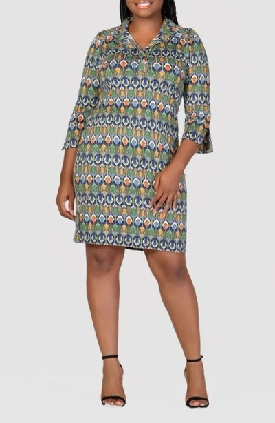 24seven Comfort Apparel Geo Print Knit Dress In Green Multi