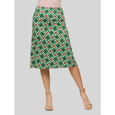 24seven Comfort Apparel Geometric Print Comfortable Elastic Waist Knee Length Skirt In Green