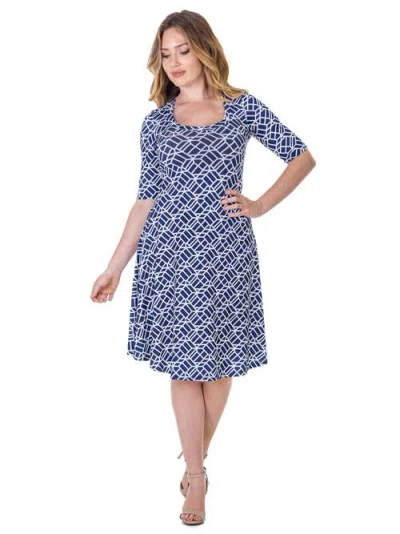 24seven Comfort Apparel Geometric Print Knee Length Elbow Sleeve Dress In Blue