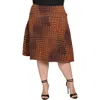 24seven Comfort Apparel Plus Size Brown Geometric Print Midi Skirts In Multi
