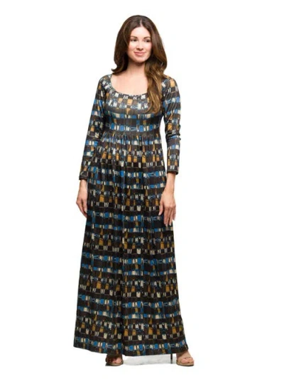 24seven Comfort Apparel Geometric Print Long Sleeve Empire Waist Maxi Dress In Blue