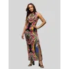 24seven Comfort Apparel Maternity Geometric Floral Print Sleeveless Side Slit Maxi Dress