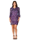 24seven Comfort Apparel Women's Purple Print Three Quarter Sleeve Mini Dress In Purple