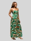 24seven Comfort Apparel Green Print A-line Strapless Maxi Dress With Pockets In Green