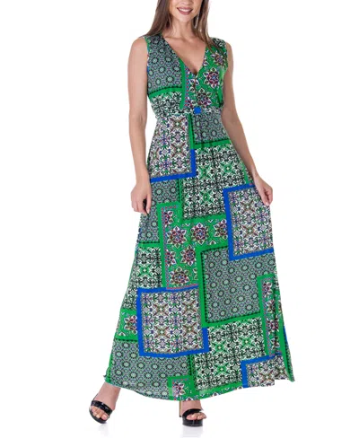 24seven Comfort Apparel Green V Neck Empire Waist Sleeveless Maxi Dress In Miscellane