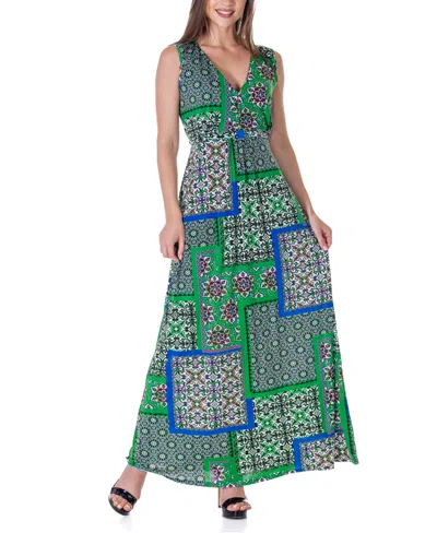 24SEVEN COMFORT APPAREL GREEN V NECK EMPIRE WAIST SLEEVELESS MAXI DRESS