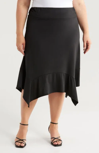 24seven Comfort Apparel Handkerchief Hem Jersey Midi Skirt In Black