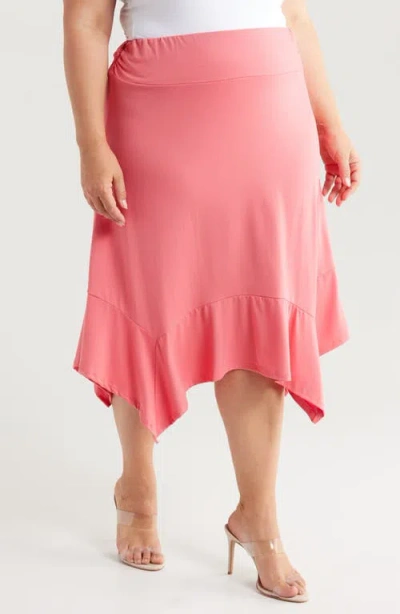 24seven Comfort Apparel Handkerchief Hem Jersey Midi Skirt In Coral