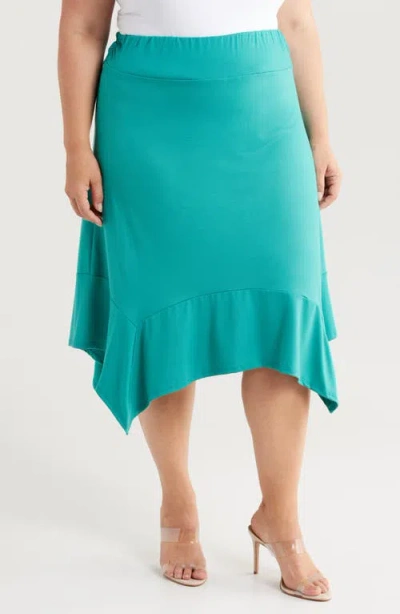 24seven Comfort Apparel Handkerchief Hem Jersey Midi Skirt In Jade