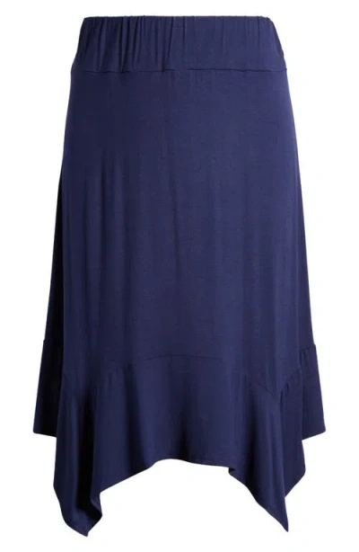 24seven Comfort Apparel Handkerchief Hem Jersey Midi Skirt In Navy