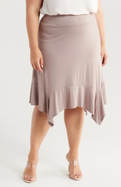 24seven Comfort Apparel Handkerchief Hem Jersey Midi Skirt In Taupe