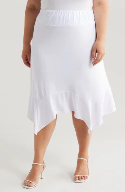 24seven Comfort Apparel Handkerchief Hem Jersey Midi Skirt In White